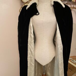 Elegant Black Velvet 1930s Velvet Coat with White Fur Collar silk lined